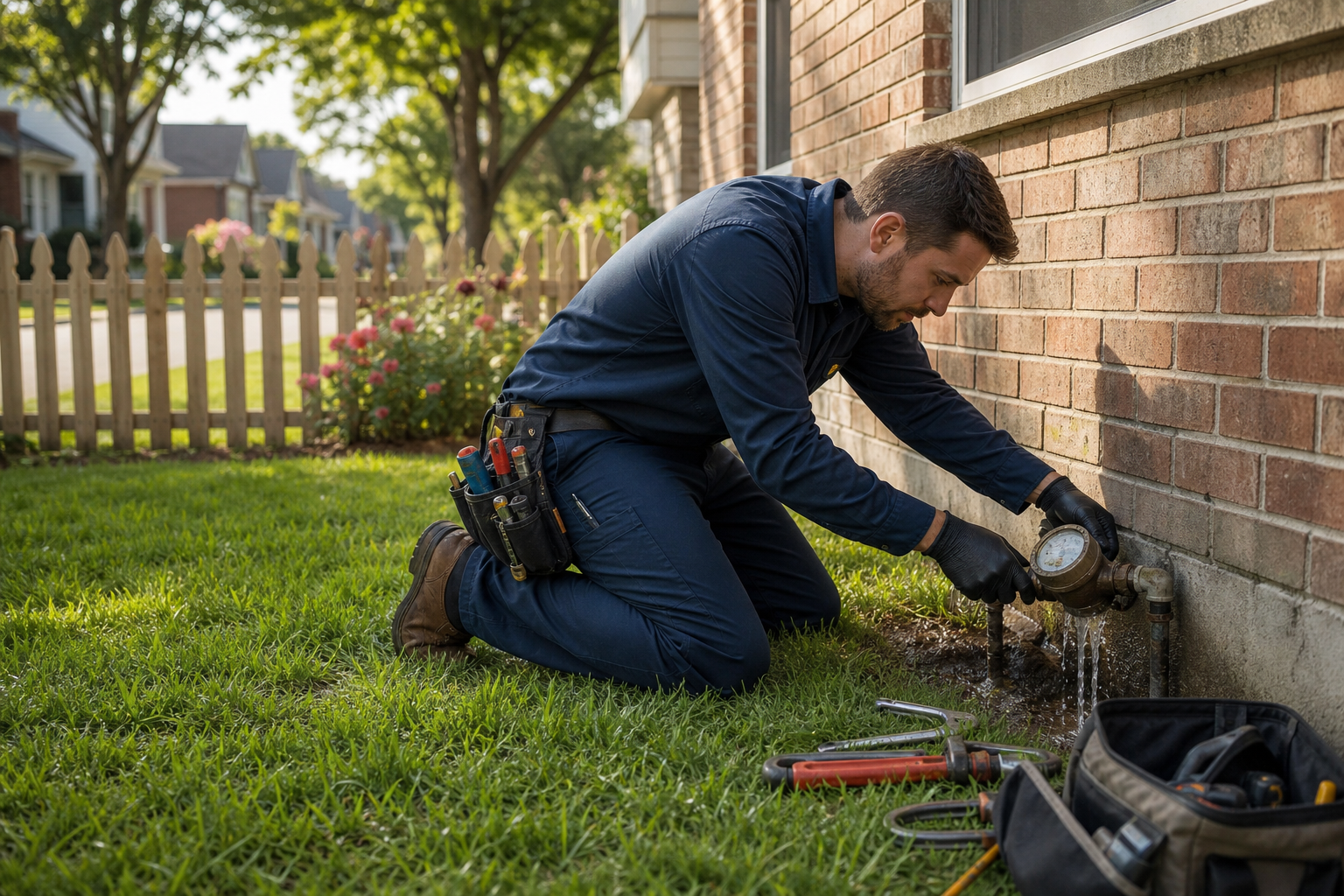 Plumber Repairing Water Meter Outside House