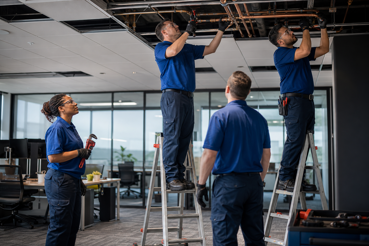 Plumbers Repairing Commercial Property Plumbing